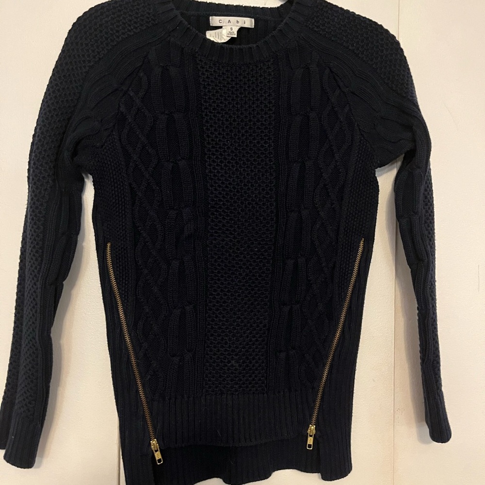 CAbi Navy Cable Knit Sweater with Zipper Accents